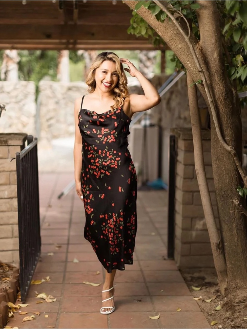 Black Floral Slip Dress with Red Cherry Print